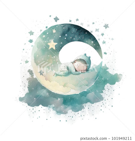 Watercolor cute sleeping baby on moon. Illustration AI Generative 101949211