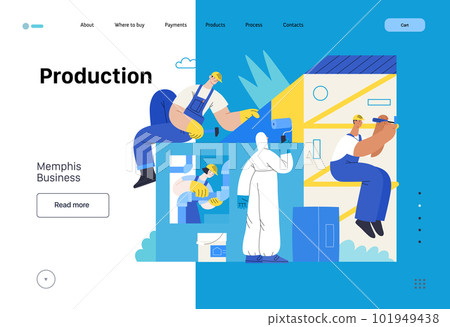 Memphis business illustration. Collaboration -modern flat vector concept illustration, team, people constructing a building together, painting, assembling, mounting. Corporate teamwork metaphor. 101949438