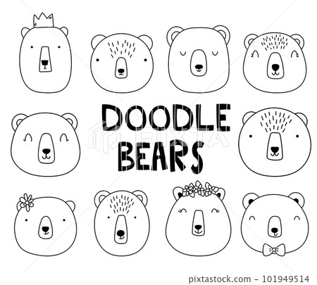 Faces Bears Doodle style. Vector illustration. Element for print, postcard and poster isolate on white background. Faces Bears Doodle style. Vector illustration. Element for print, postcard and poster isolate on white background. 101949514