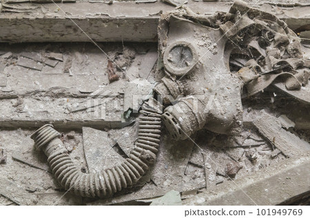 old gas mask on a school windowsill in Pripyat old gas mask on a school windowsill in Pripyat 101949769