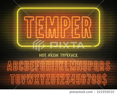Vector Temper night light sign and narrow orange neon hollow font with numbers on dark brick background Vector Temper night light sign and narrow orange neon hollow font with numbers on dark brick background 101950010