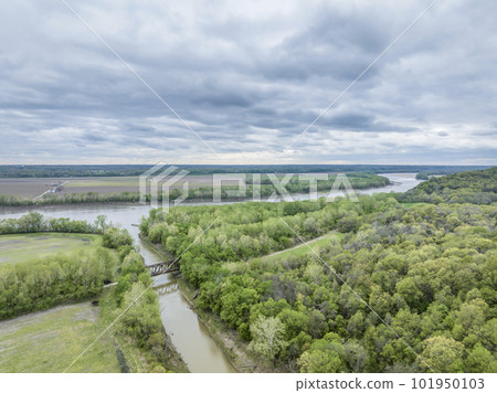 Missouri River and Katy Trail crossing Cedar Creek above Jefferson City, MO, cloudy spring aerial view 101950103