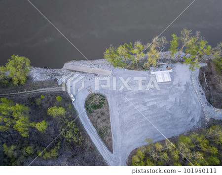 river access with a boat ramp - sunrise aerial view of Missouri River at Dalton Bottom river access with a boat ramp - sunrise aerial view of Missouri River at Dalton Bottom 101950111