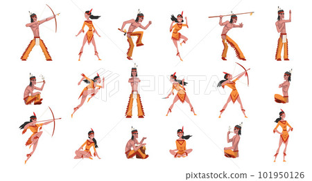 Indians as Native American Tribe Member In Traditional Clothing with Bow and Arrow Hunting Vector Big Set 101950126
