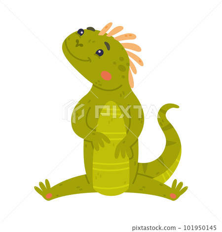 Funny Green Iguana Character with Scales Sitting on the Ground Vector Illustration 101950145