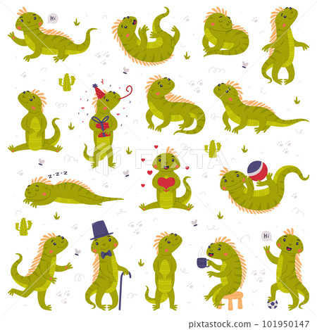 Funny Green Iguana Character with Scales Engaged in Different Activity Vector Set 101950147