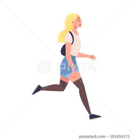 Woman Character Hurrying Running Fast Feeling Panic of Being Late Vector Illustration Woman Character Hurrying Running Fast Feeling Panic of Being Late Vector Illustration 101950171