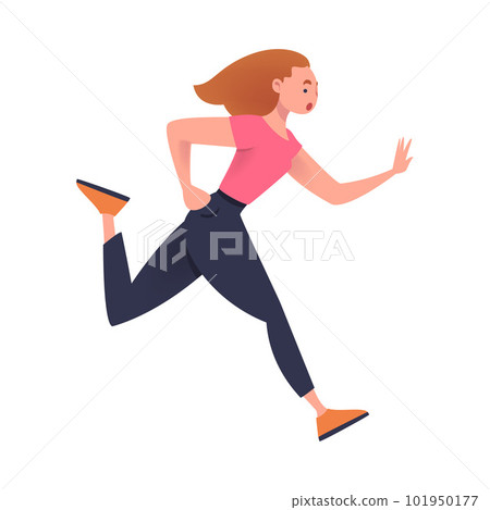 Woman Character Hurrying Running Fast Feeling Panic of Being Late Vector Illustration 101950177