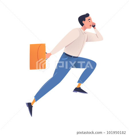 Man Character with Briefcase Hurrying Running Fast Speaking by Phone Feeling Panic of Being Late Vector Illustration 101950182