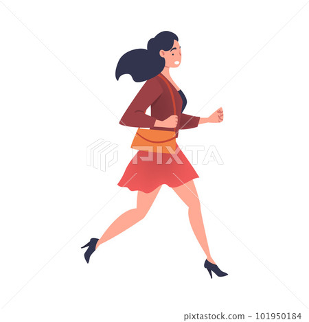Woman Character Hurrying Running Fast Feeling Panic of Being Late Vector Illustration 101950184