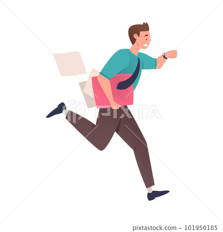 Man Character Hurrying Running Fast with Document Looking at Watch Feeling Panic of Being Late Vector Illustration 101950185