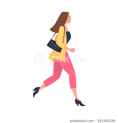 Woman Character Hurrying Running Fast Feeling Panic of Being Late Vector Illustration 101950189