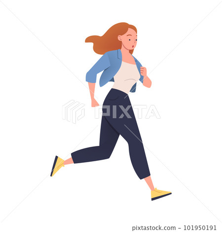 Woman Character Hurrying Running Fast Feeling Panic of Being Late Vector Illustration 101950191