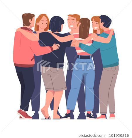 Group of young men and women standing together and hugging. Friendship, collaboration and team spirit vector illustration 101950216