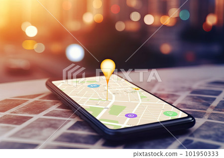 Point on smartphone with GPS navigator icon and map on blured background. Generative AI Point on smartphone with GPS navigator icon and map on blured background. Generative AI 101950333