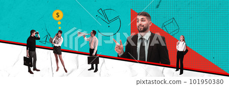 Group of employees working, doing tasks, growing skills and creating professional strategies. Contemporary art collage. 101950380