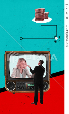 Businessman watching tv with woman talking, discussing financial topics. Innovations, new skills, modern technologies. Contemporary art collage. 101950381