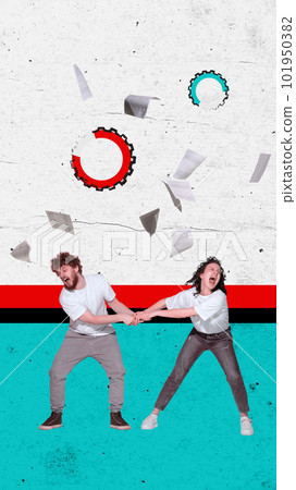 Emotional man and woman, employees fighting and quarrelling. Mistakes inn tasks, deadlines, challenges and competition. Contemporary art collage. 101950382