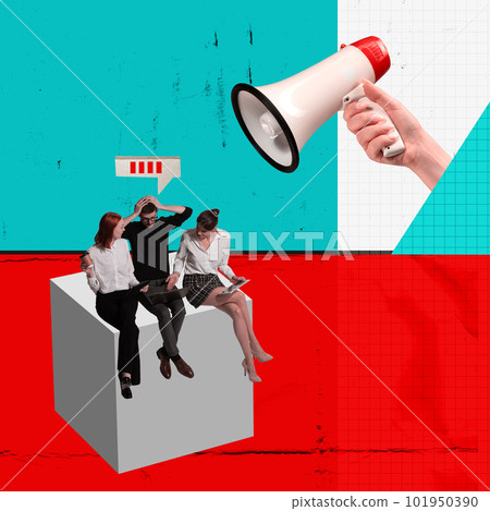 Deadlines and professional challenges. Employees, man and women sitting together and working on project. Contemporary art collage. 101950390