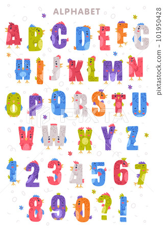 Bird alphabet letters and numbers. Bright colorful letters and numerals with eyes, beaks and wings cute cartoon vector illustration Bird alphabet letters and numbers. Bright colorful letters and numerals with eyes, beaks and wings cute cartoon vector illustration 101950428