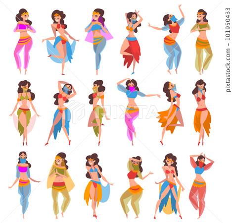 Beautiful Eastern Woman Dancing Belly Dance Big Vector Set 101950433
