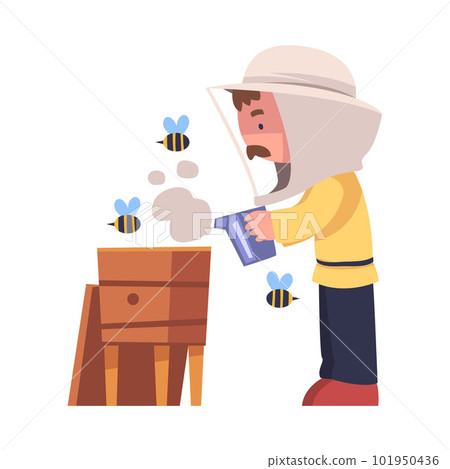 Mustached Beekeeper with Smoker Keeping Honey Bee Engaged in Apiculture Vector Illustration 101950436