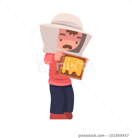 Mustached Beekeeper with Wooden Brood Frame Keeping Honey Bee Engaged in Apiculture Vector Illustration 101950437