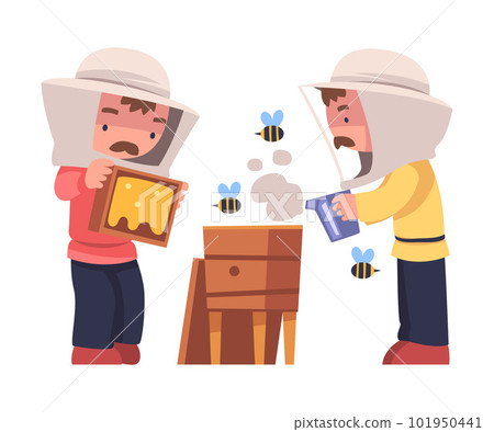 Mustached Beekeeper with Wooden Brood Frame and Smoker Keeping Honey Bee Engaged in Apiculture Vector Illustration 101950441