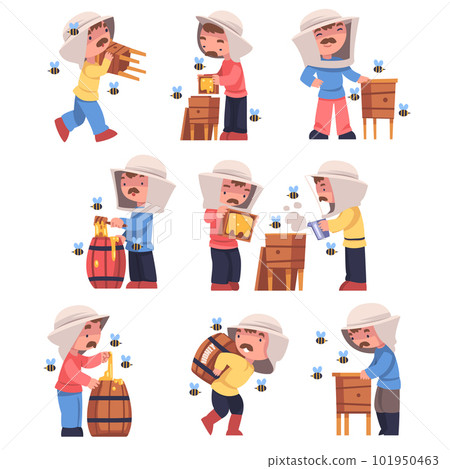 Mustached Beekeeper Keeping Honey Bee Engaged in Apiculture Vector Set 101950463