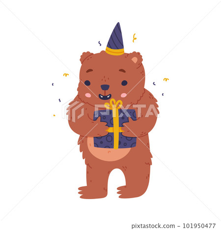 Cute baby bear in party hat standing with gift box. Funny wild forest brown animal character cartoon vector illustration 101950477