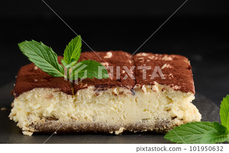 A piece of tiramisu sprinkled with cocoa, on top of a sprig of fresh mint on a black background 101950632