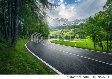 Road in green forest in rainy summer day. Mountain roadway Road in green forest in rainy summer day. Mountain roadway 101950701