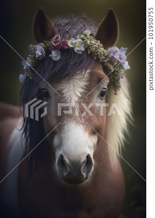 Cute brown horse with white mane, in a floral wreath on his head, on a dark background Cute brown horse with white mane, in a floral wreath on his head, on a dark background 101950755