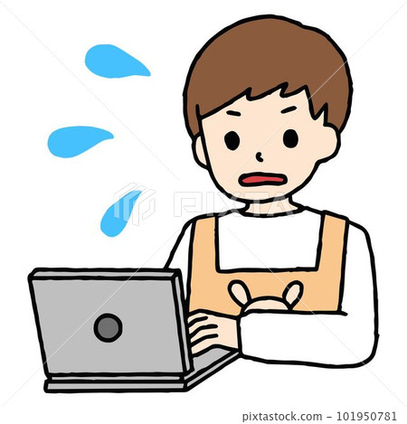 一個在電腦上工作的托兒所老師不耐煩 一個在電腦上工作的托兒所老師不耐煩 101950781