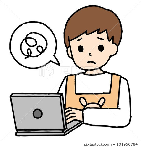 A nursery teacher man working on a computer is confused 101950784