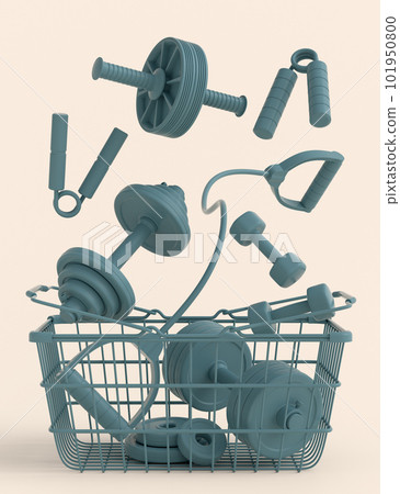 Sport equipment for fitness, gym in shopping basket on monochrome background Sport equipment for fitness, gym in shopping basket on monochrome background 101950800
