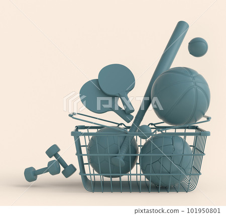 Sport equipment for basketball, football, ping pong and golf in basket Sport equipment for basketball, football, ping pong and golf in basket 101950801