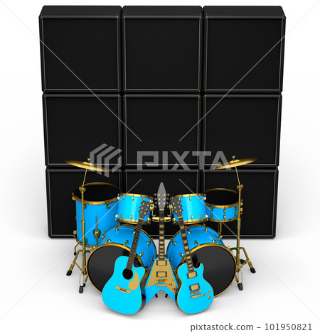 Set of realistic drums with metal cymbals, amplifier and acoustic guitars 101950821