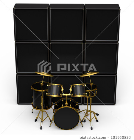 Set of realistic drums with metal cymbals or drumset and amplifier on white 101950823