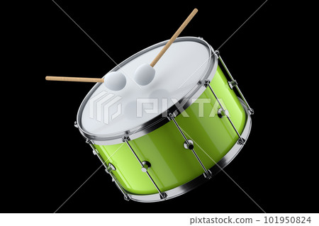 Realistic drum and wooden drum sticks on black. 3d render of musical instrument Realistic drum and wooden drum sticks on black. 3d render of musical instrument 101950824