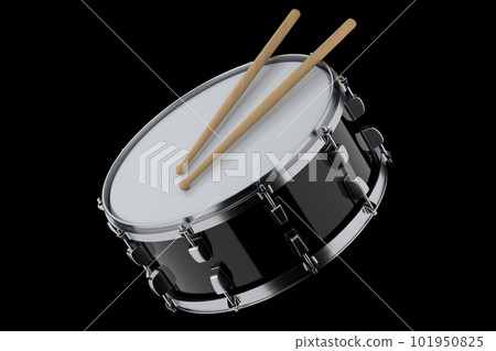 Realistic drum and wooden drum sticks on black. 3d render of musical instrument 101950825
