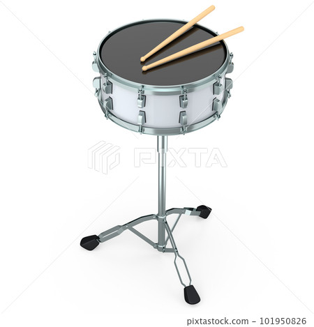 Realistic drum and wooden drum sticks and stand on white background 101950826