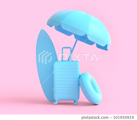 Colorful surfboard, beach ring, umbrellas and lugagge on monochrome background. 101950919