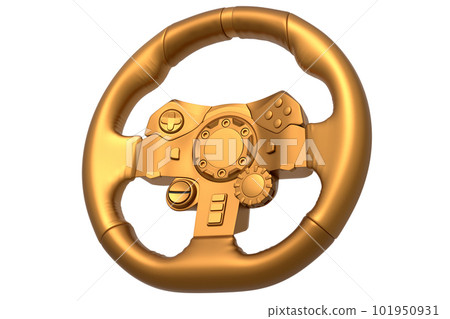Realistic leather steering wheel with gold chrome texture on white background 101950931