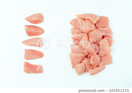 Ogranic food and healthy eating.Frozen chicken fillet.Fresh frozen pieces of turkey meat on a white background.Raw chicken. 101951233