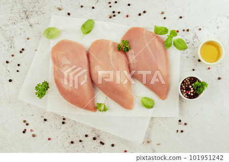 Raw fresh chicken fillet.Copy space.Food for retail.Ogranic food,healthy eating.Food concept.Top view.Chicken breast Fillets.Close up.Raw chicken meat. 101951242