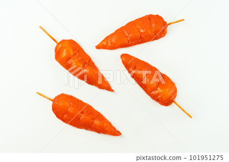 Fresh raw marinated chicken meat skewers iner fillet on a white background.Top view.Copy space.Chicken fillet inner skewers.Food concept.Chicken fillet inner skewers. 101951275