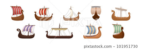 Scandinavian Marine Vessels or Viking Ship with Dragon Head Vector Set Scandinavian Marine Vessels or Viking Ship with Dragon Head Vector Set 101951730