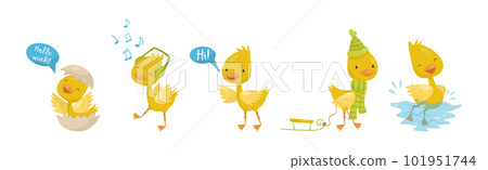 Funny Yellow Duckling Engaged in Different Activity Vector Set 101951744