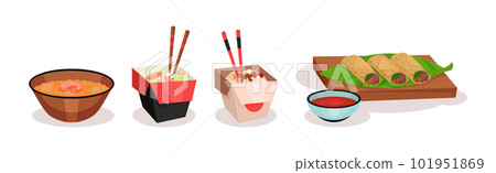 Chinese and Japanese Meal with Soup in Bowl and Noodle in Box Vector Set Chinese and Japanese Meal with Soup in Bowl and Noodle in Box Vector Set 101951869